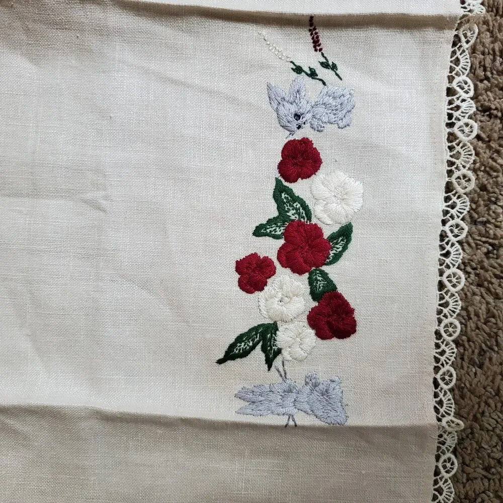 Vintage Hand Towel Embroidery Bunnies & Flowers 25x16 Inch